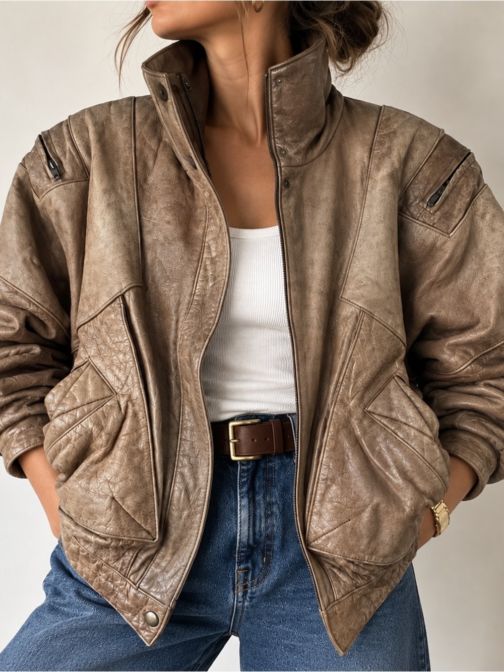 Vintage 80s 90s Brown Leather Bomber Jacket Funnel Neck Distressed
